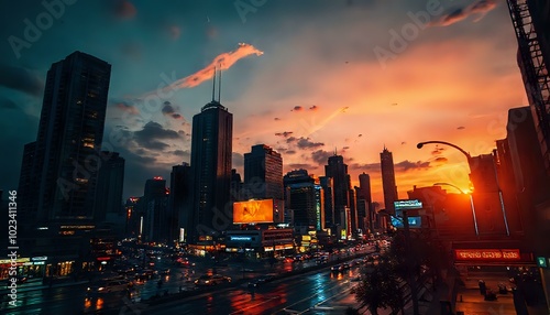 Urban Skyline at Dusk with ECO 2035 Billboard, Rain Reflection