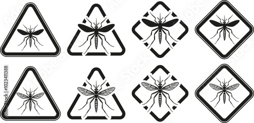 Mosquito Warning Sign Icons in Triangle and Diamond Shapes – Vector Illustration Set