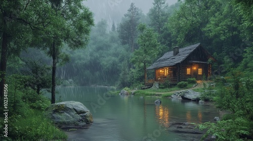 landscape of a cabin in the forest with rain weather