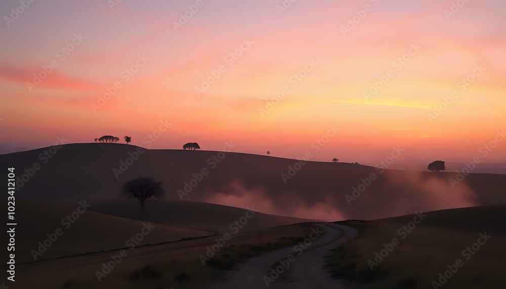 Serene Sunset Landscape with Winding Dirt Road and Lush Green Hills Serene Sunset Landscape with Winding Dirt Road and Lush Green Hills