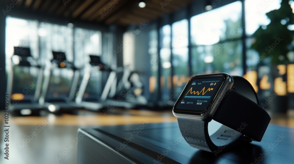 A smartwatch displays fitness data in a gym setting with treadmills in the background. A smartwatch displays fitness data in a gym setting with treadmills in the background.