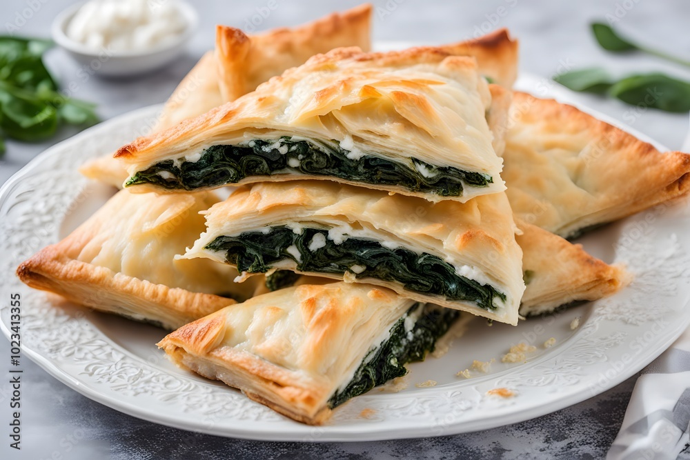 A plate of greek spanakopita phyllo pastry filled with spinach and feta cheese, Ai Generated A plate of greek spanakopita phyllo pastry filled with spinach and feta cheese, Ai Generated