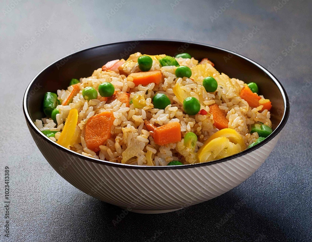 bowl with fried rice with egg and vegetables, onion, bell pepper, carrot, green peas bowl with fried rice with egg and vegetables, onion, bell pepper, carrot, green peas
