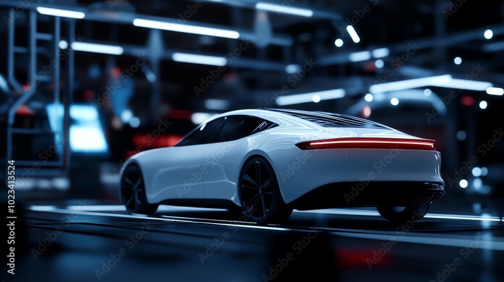 Sleek modern car illuminated by neon lights in a futuristic garage, showcasing innovative design and technology.