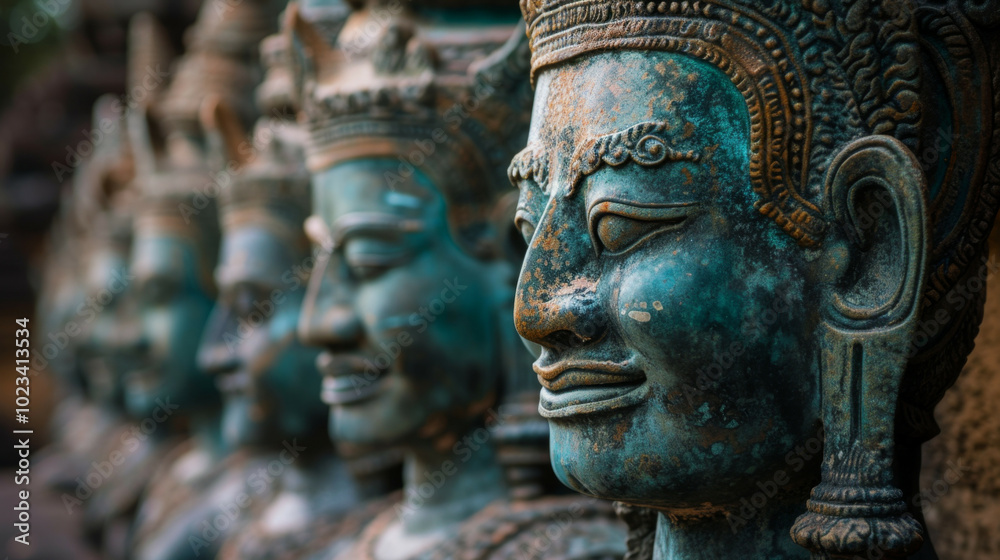 A series of intricately designed buddha statues are aligned in a row A series of intricately designed buddha statues are aligned in a row