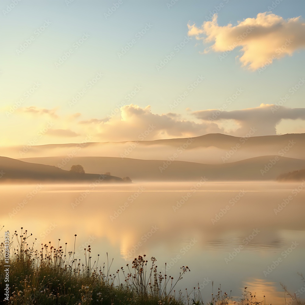 Fototapeta premium Breathtaking Sunset Over Serene Lake with Mountains