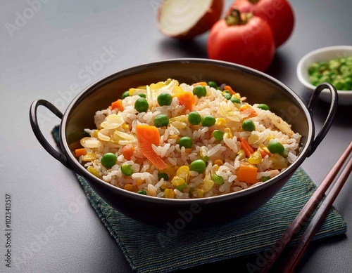 bowl with fried rice with egg and vegetables, onion, bell pepper, carrot, green peas