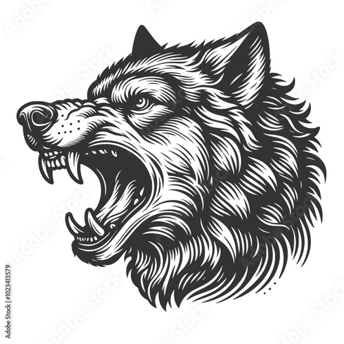 fierce howling wolf growling with bared teeth. Tattoo design. Strength and wild nature sketch engraving generative ai vector illustration. Scratch board imitation. Black and white image.