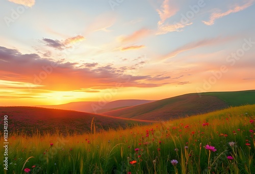 Sunrise/Sunset Over Green Fields with Pink Flowers - Serene Landscape