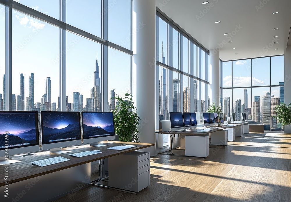 Sleek modern office space with panoramic city views, stylish desk ...