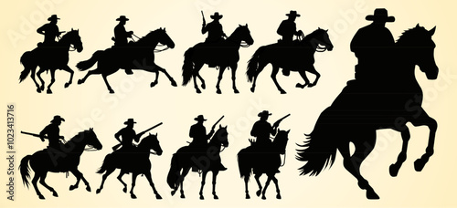 Silhouettes of cowboys riding horses, some holding rifles, representing scenes of the Wild West in various dynamic poses.