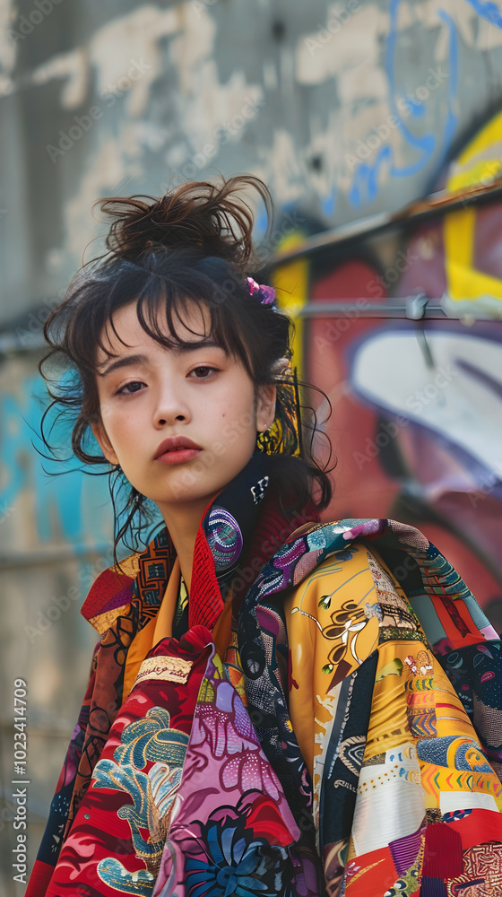 Obraz premium Exploring the Vibrant Unconventionality: Portrayal of a Young Woman Embracing the Ikakai Street Style in an Urban Setting