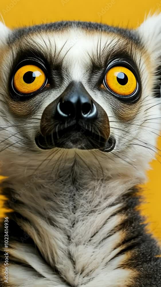 Lemur staring with wide eyes on bright yellow background, close-up view. Wildlife and nature concept Lemur staring with wide eyes on bright yellow background, close-up view. Wildlife and nature concept
