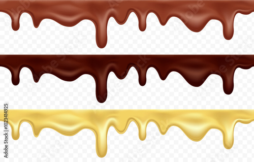 Melted chocolate is flowing and dripping. Collection of templates of black, milk and white chocolate. Seamless pattern isolated on a transparent background. vector mockup