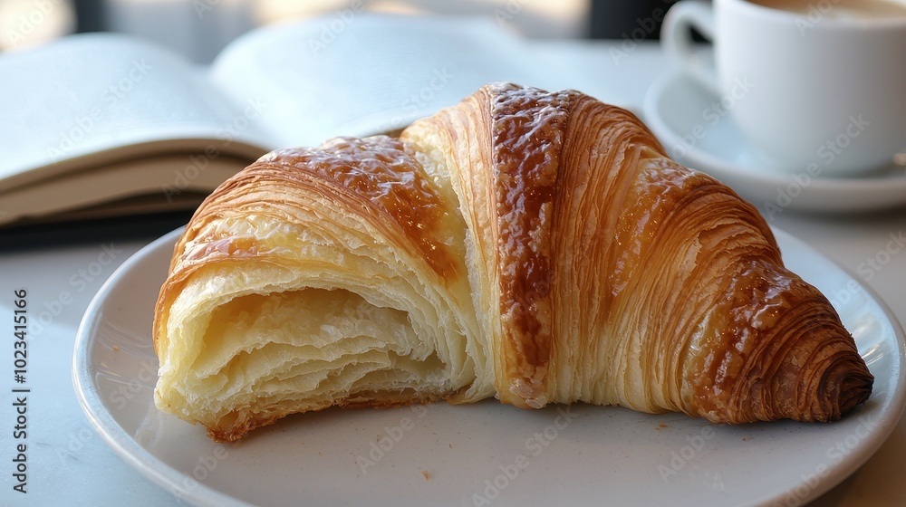 Fresh Croissant on a Plate with Coffee Background Fresh Croissant on a Plate with Coffee Background