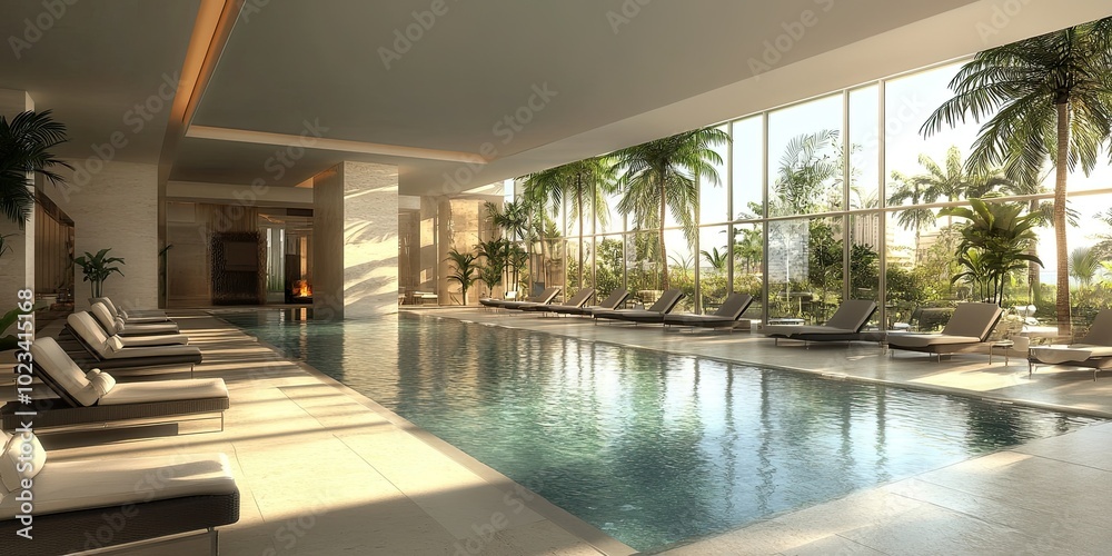 grey and cream indoor hotel swimming pool design with clear water and ...