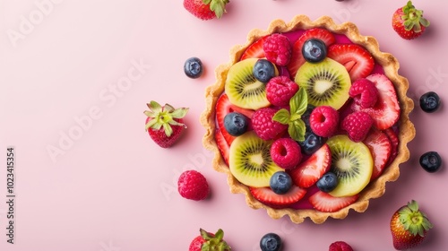 Colorful Fruit Tart with Fresh Berries and Kiwi Slices