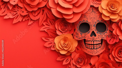 Vibrant paper skull surrounded by intricate flowers, perfect for Dia de los Muertos or festive decorations.