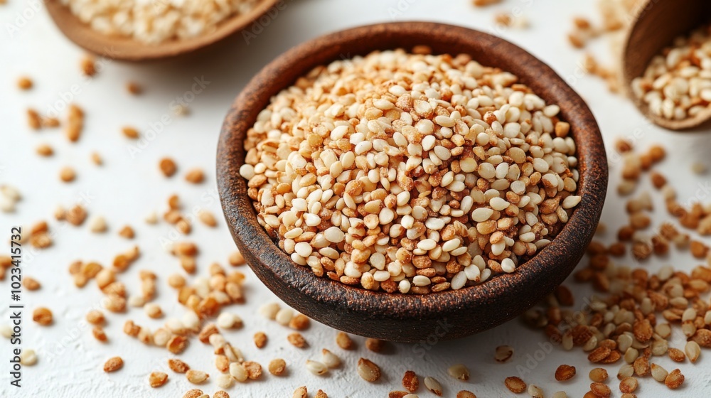 Bowl of Toasted Sesame Seeds on a White Background Bowl of Toasted Sesame Seeds on a White Background