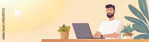 Man working on laptop at a sunny workspace