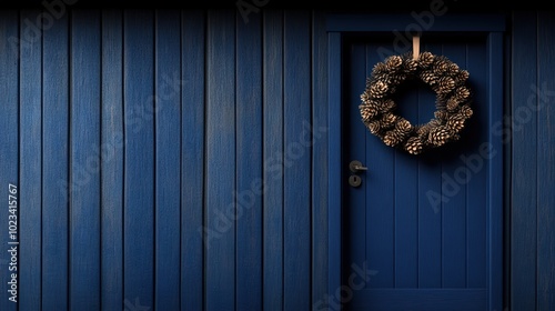 Blue wooden door with a pine cone wreath on a rustic wall.