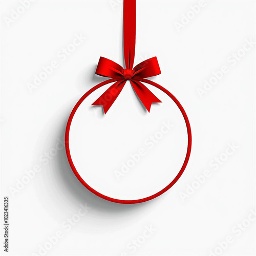 White Round Christmas Ball Tag Hanging with Shiny Red Ribbon and Bow, Isolated on White Background, Christmas Decoration Template