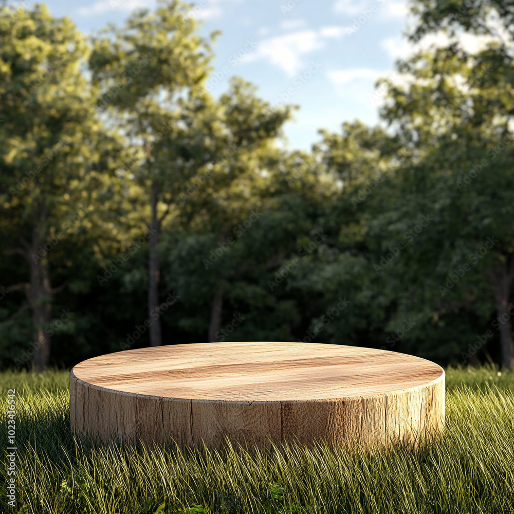 Realistic 3D Render of Wooden Round Podium on Grass with Forest Scenery in the Background Realistic 3D Render of Wooden Round Podium on Grass with Forest Scenery in the Background