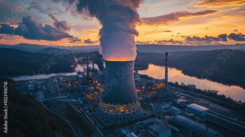 Power plant at sunset, smoke billowing.