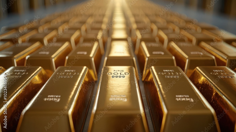 Rows of gleaming gold bars, reflecting light Rows of gleaming gold bars, reflecting light