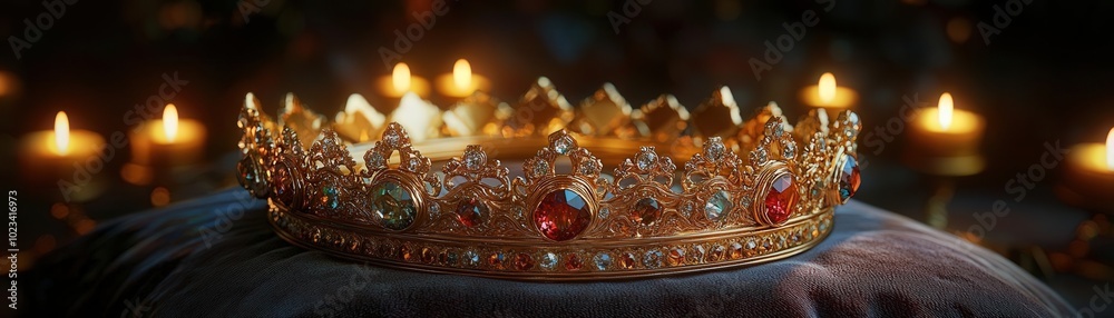 Royal crown displayed on a velvet cushion. Royal crown displayed on a velvet cushion.