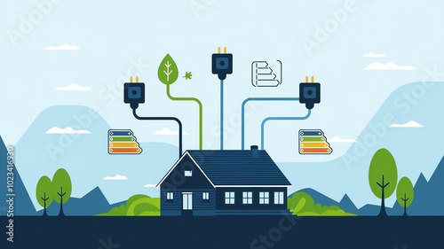 Energy-efficient home with eco-friendly power sources illustrated.