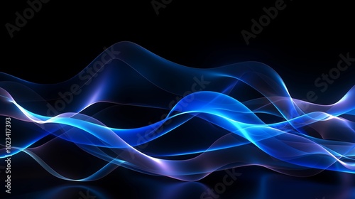 Abstract Digital Black Background with Blue Wavy Lines Representing Sound Waves. This captivating image features dynamic blue wavy lines against a stark black backdrop, symbolizing technology. 