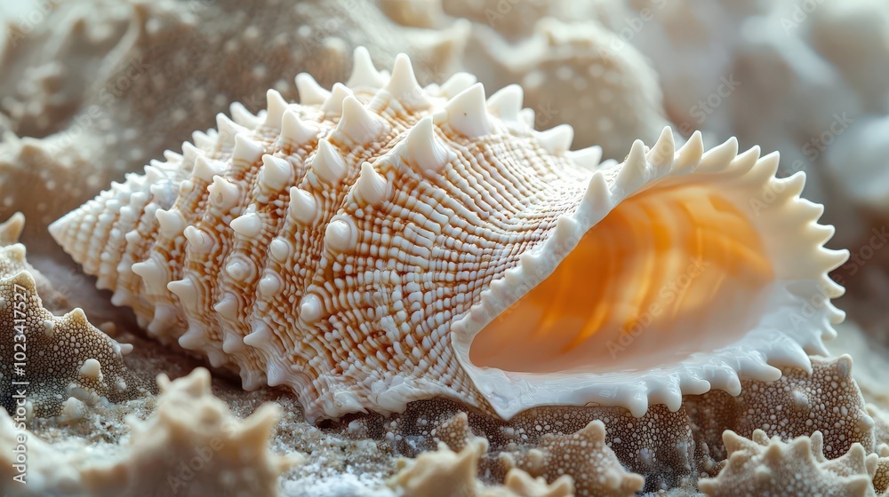 Spiky seashell on sandy ocean floor