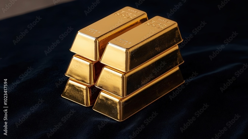 Stack of shiny gold bars on dark backdrop Stack of shiny gold bars on dark backdrop
