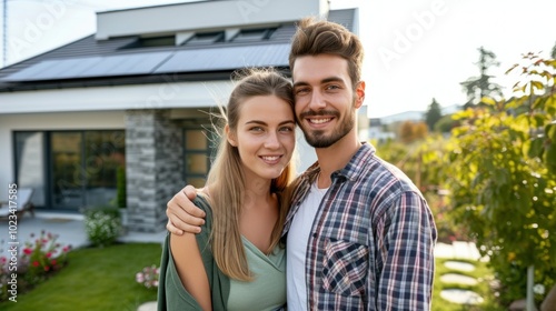 Man and woman stand in front of a house with solar panels