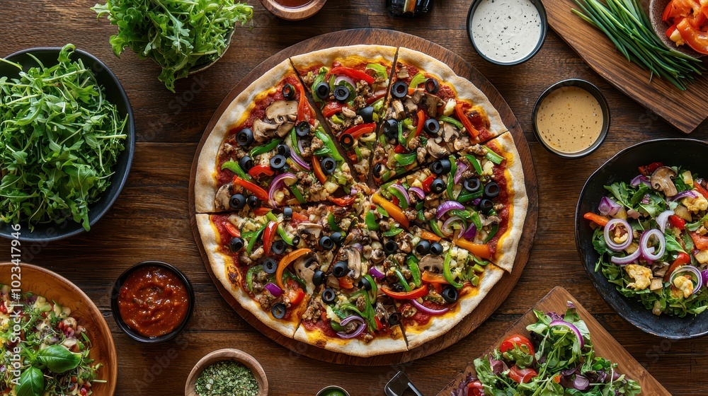 Colorful Veggie Pizza with Fresh Ingredients on Table Colorful Veggie Pizza with Fresh Ingredients on Table