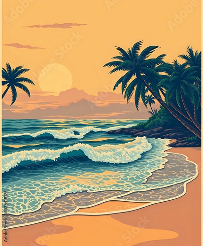 Whimsical Tropical Sunset Beach Scene with Palm Trees & Moon