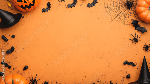 Halloween-themed border with pumpkins, bats, spiders, and a spider web on an orange background, perfect for festive decorations or seasonal content. photo