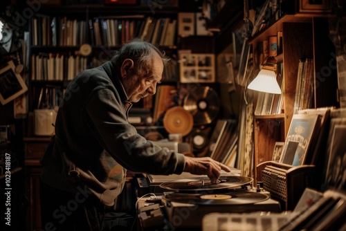 Elderly man enjoying vintage vinyl records at home