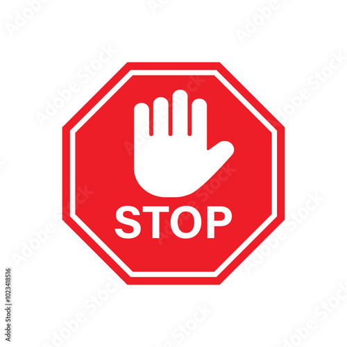Set of Stop street icon collection. Stop hand sign with text. Red stop sign. Vector Illustration.