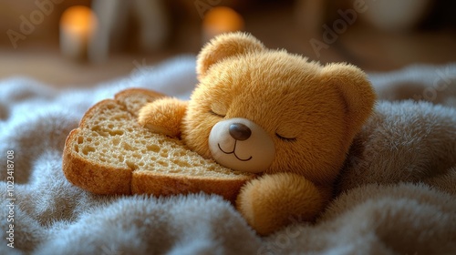 A cuddly teddy bear rests peacefully with a slice of bread, embodying warmth and comfort in a cozy setting.