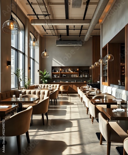 Modern Empty Café with Wooden Flooring and Artwork, Natural Light Streaming In