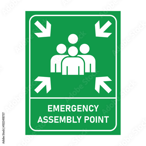 Emergency evacuation assembly point sign bundle, safety gathering point signboard, vector illustration.