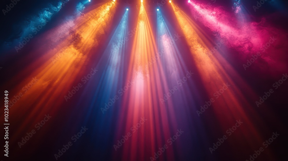 A vibrant display of colored lights radiating in beams, creating a dynamic and festive atmosphere. A vibrant display of colored lights radiating in beams, creating a dynamic and festive atmosphere.