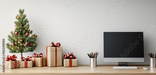 Minimalist Workspace with a Small Christmas Tree and Wrapped Gifts Beneath