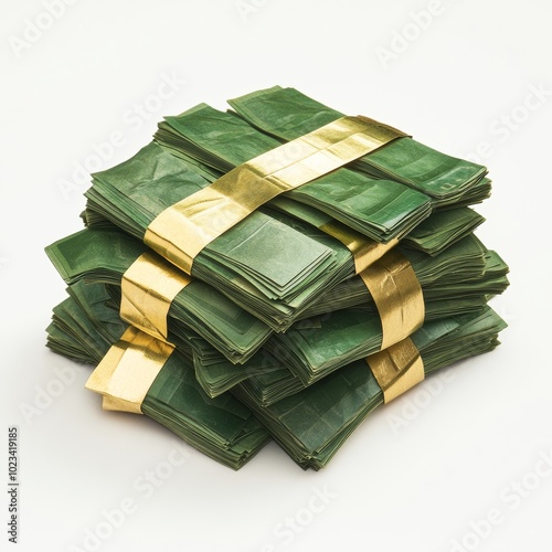 A pile of green banknotes wrapped neatly with a gold band, placed on a white background photo