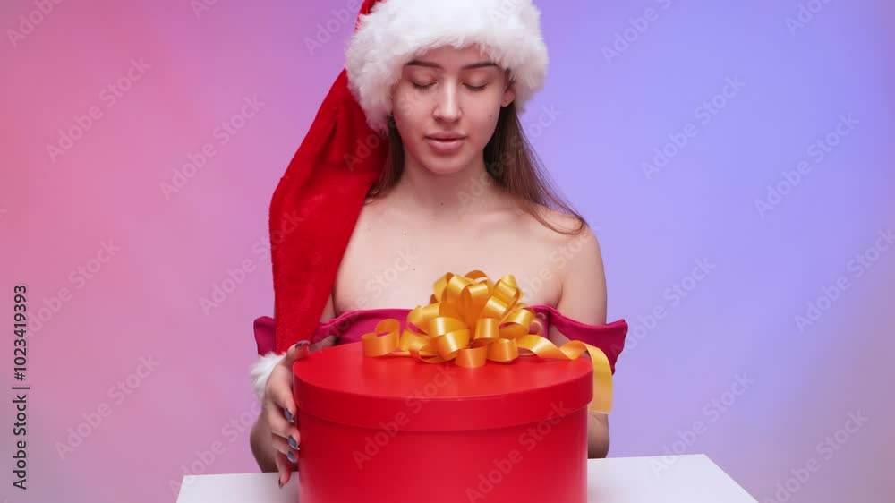 A woman in a red new years dress in a red santa hat on festive background holds a red gift box with a bow. A woman in a red new years dress in a red santa hat on festive background holds a red gift box with a bow.