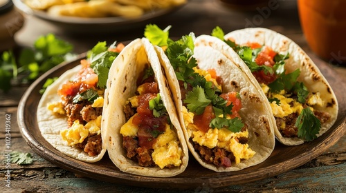 Delicious Breakfast Tacos on a Wooden Plate