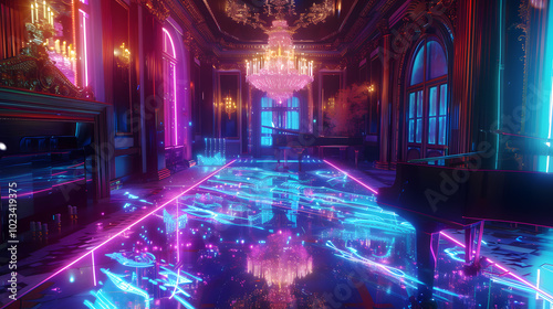 Quantum baroque ballroom, marble dancers frozen in neon motion, holographic baroque patterns on floor, synthwave chandelier reflections, digital harpsichord visualizations, glitching classical music s photo