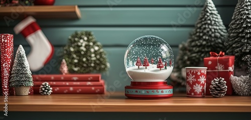 Neat Office with Christmas Themed Stationery and Snow Globe on Shelf